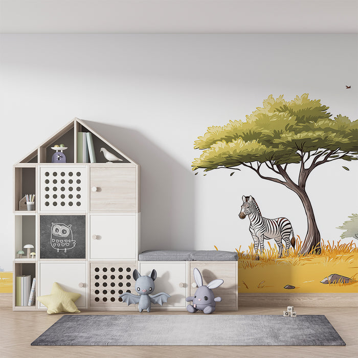 Kids room wallpaper | Majestic zebra under a tree in the savanna