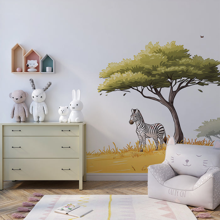 Kids room wallpaper | Majestic zebra under a tree in the savanna
