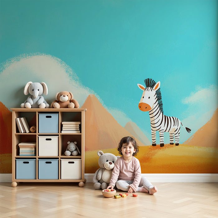 Gyermekszoba tapéta | Aranyos zebra a színes hegyek közepén