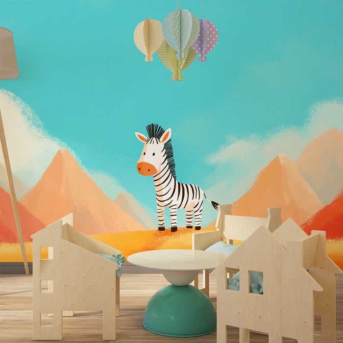 Gyermekszoba tapéta | Aranyos zebra a színes hegyek közepén