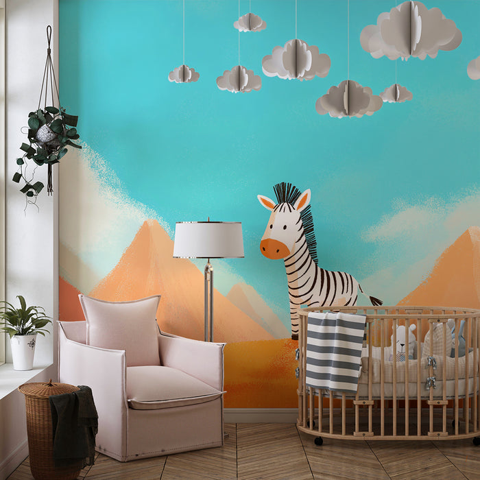Gyermekszoba tapéta | Aranyos zebra a színes hegyek közepén