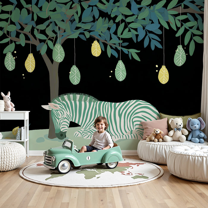 Carta da parati bambini | Zebra tranquilla sotto un albero con foglie sospese