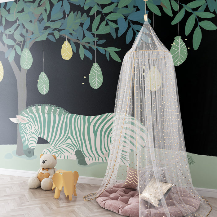 Carta da parati bambini | Zebra tranquilla sotto un albero con foglie sospese