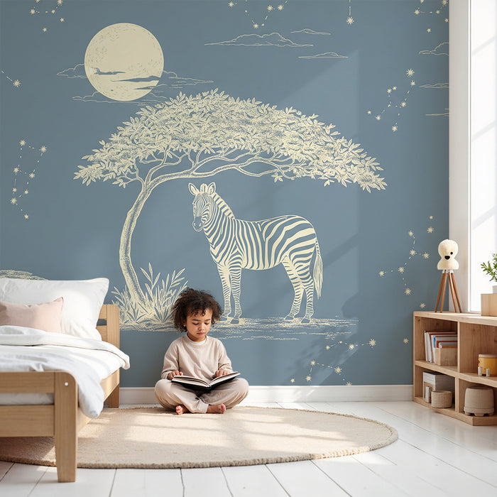 Tapeta do dětského pokoje | Zebra pod hvězdnou oblohou se stromy a měsícem