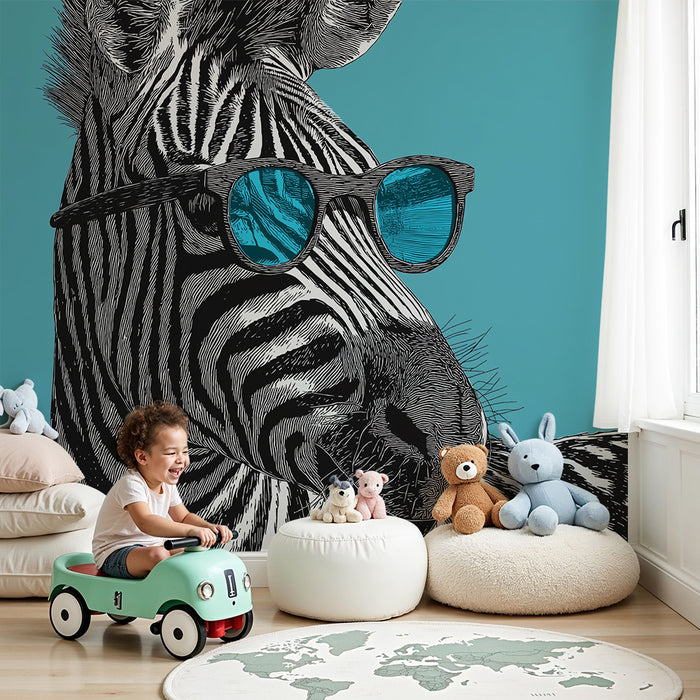 Barntapet | Stiliserad zebra med glasögon på turkos bakgrund