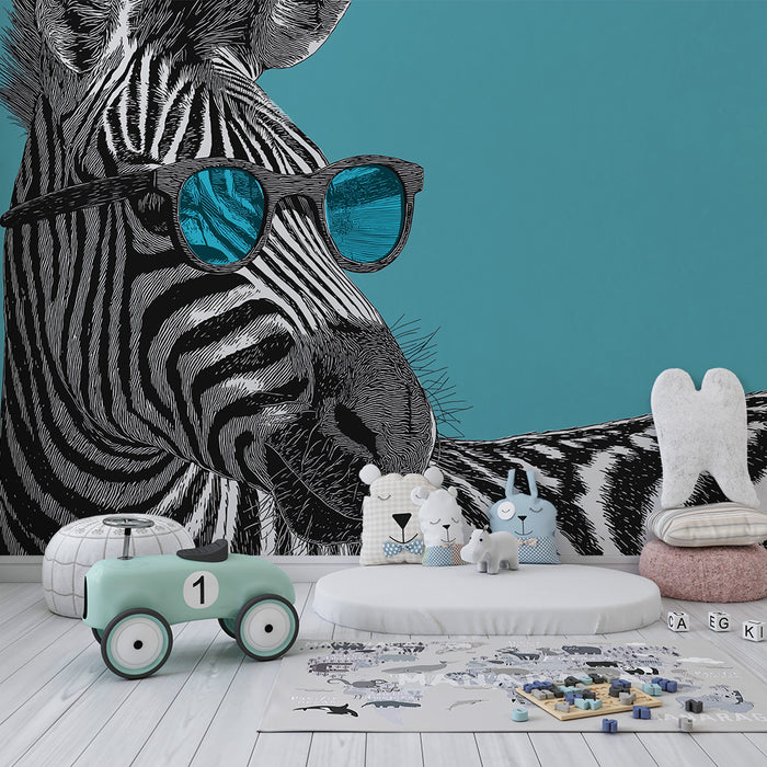 Barntapet | Stiliserad zebra med glasögon på turkos bakgrund