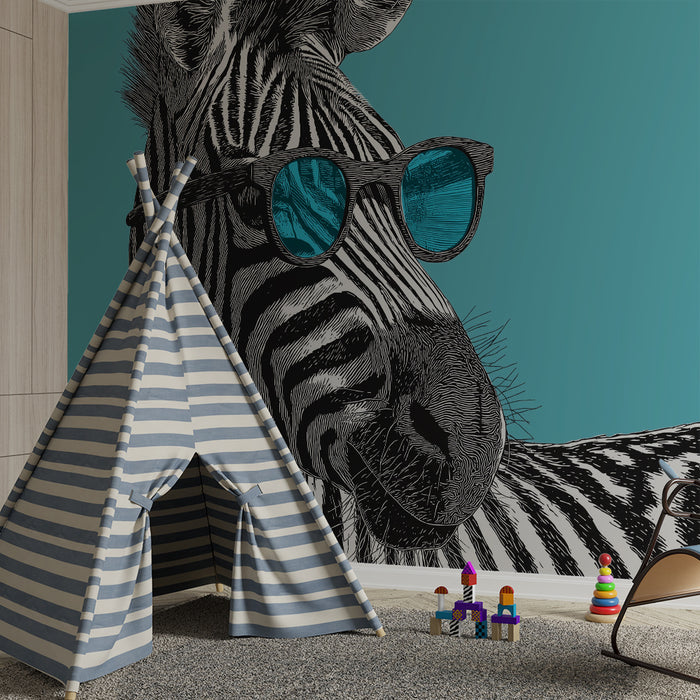 Barntapet | Stiliserad zebra med glasögon på turkos bakgrund