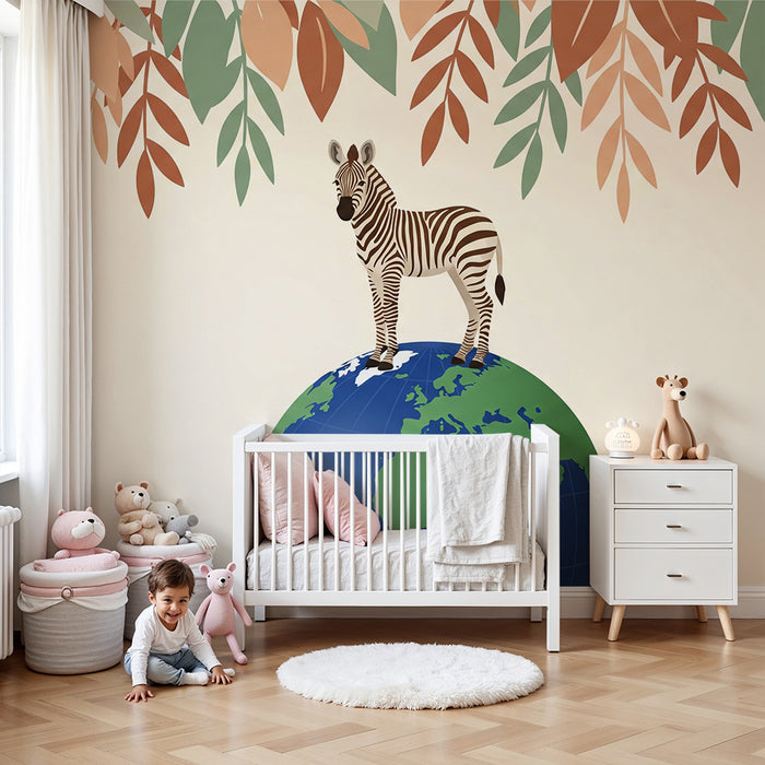 Kinderkamer behang | Zebra op aarde omringd door kleurrijk bladeren