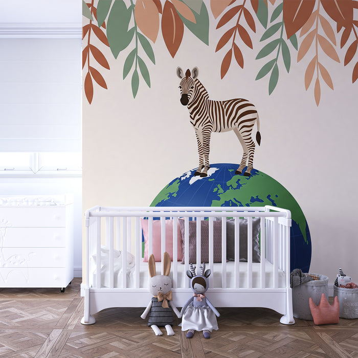 Kinderkamer behang | Zebra op aarde omringd door kleurrijk bladeren