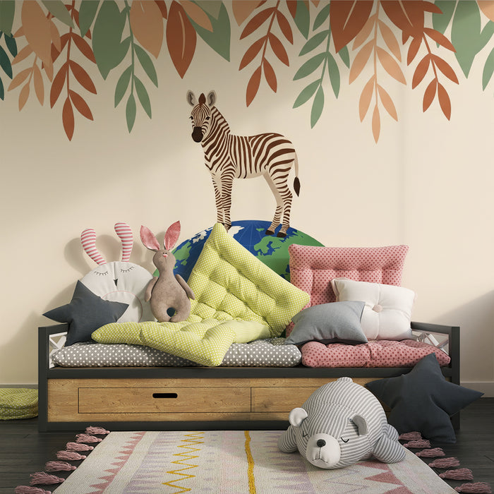 Kinderkamer behang | Zebra op aarde omringd door kleurrijk bladeren