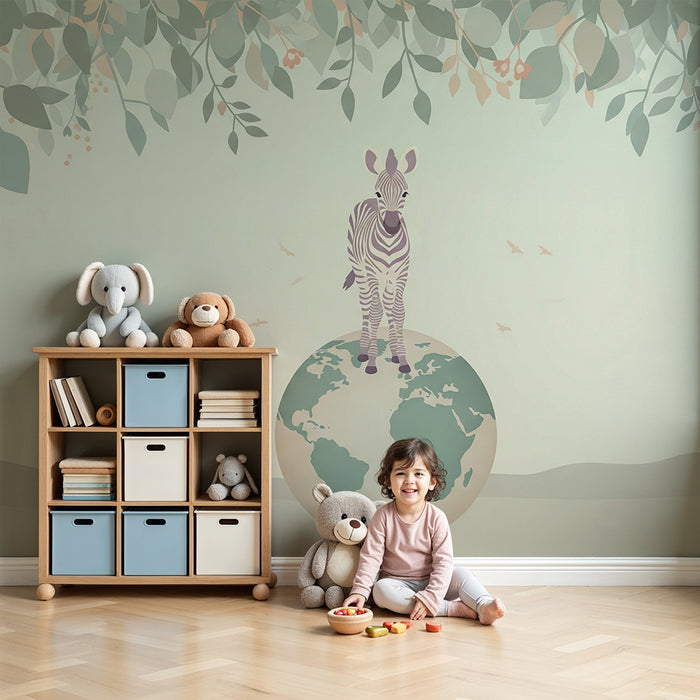 Papier peint chambre enfant | Zèbre sur la terre avec feuillage délicat