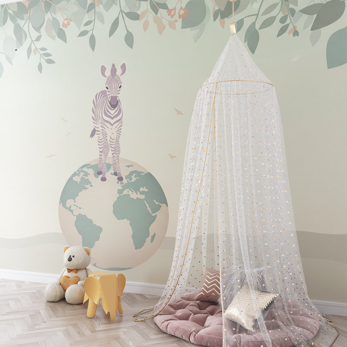 Papier peint chambre enfant | Zèbre sur la terre avec feuillage délicat