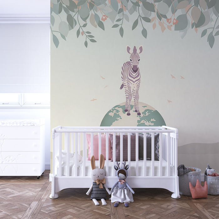 Papier peint chambre enfant | Zèbre sur la terre avec feuillage délicat