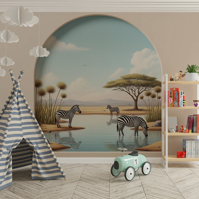 Behang kinderkamer | Zebra's aan het water in een Afrikaans landschap