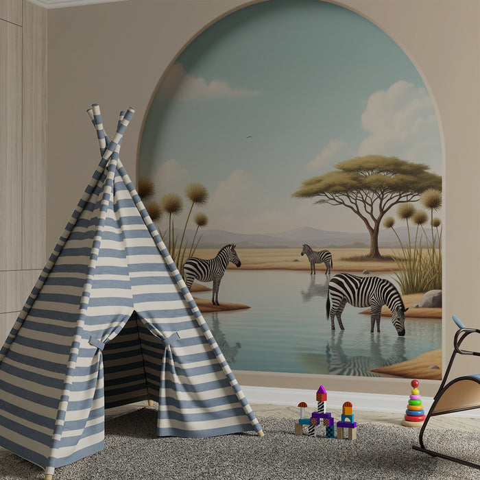 Behang kinderkamer | Zebra's aan het water in een Afrikaans landschap
