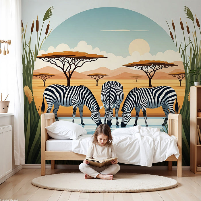 Papel pintado infantil | Cebra en la orilla del agua en un paisaje africano