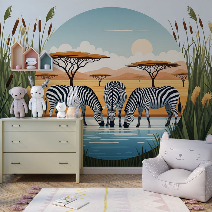 Papel pintado infantil | Cebra en la orilla del agua en un paisaje africano
