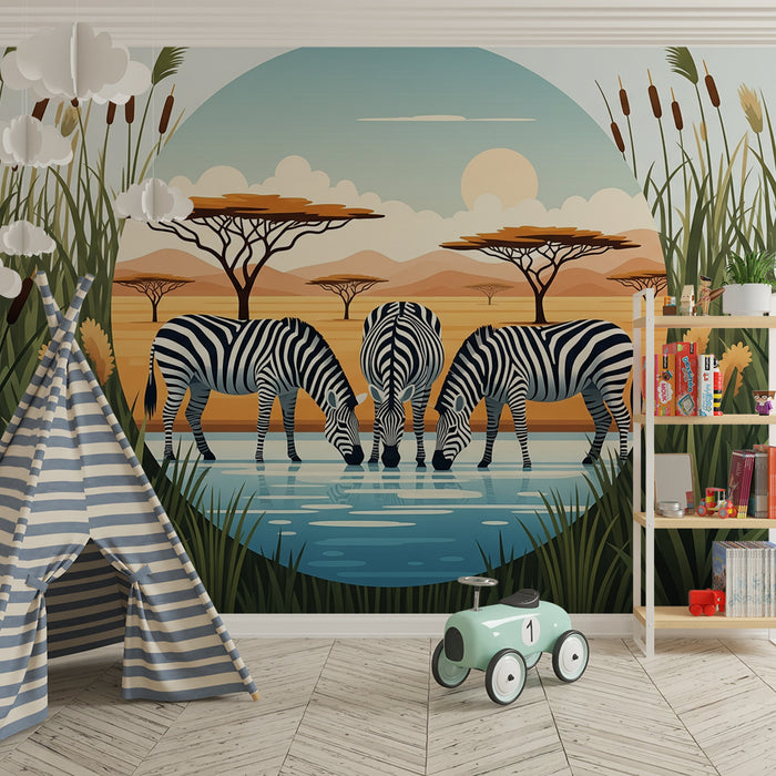 Papel pintado infantil | Cebra en la orilla del agua en un paisaje africano