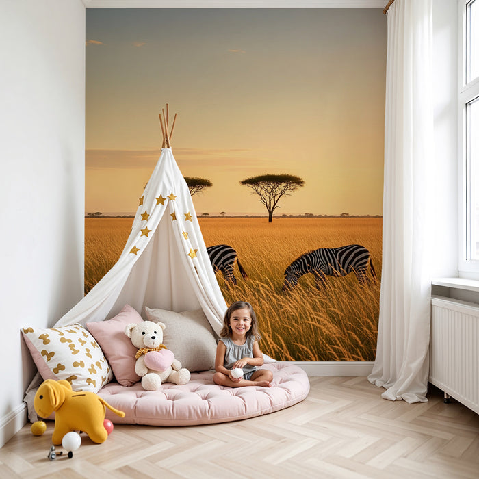 Tapety dla dzieci | Zebry w sercu sawanny o zachodzie słońca