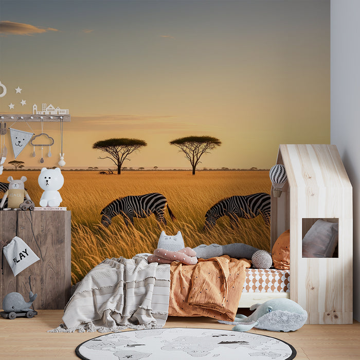 Tapety dla dzieci | Zebry w sercu sawanny o zachodzie słońca