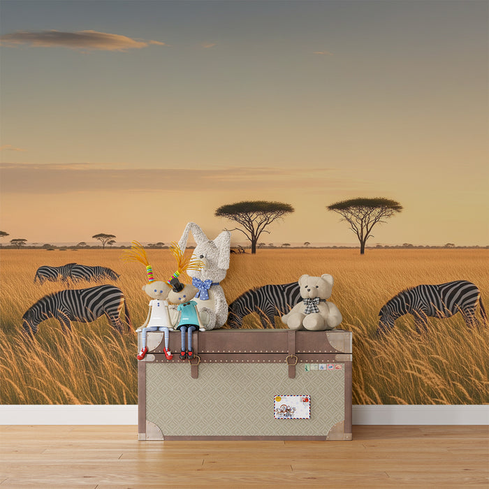 Tapety dla dzieci | Zebry w sercu sawanny o zachodzie słońca