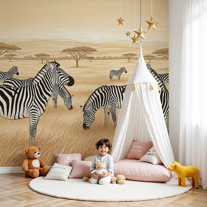Tapet pentru camera copilului | Zebre în savană la apusul soarelui
