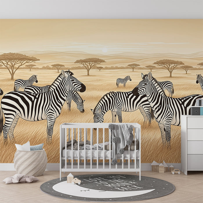 Tapet pentru camera copilului | Zebre în savană la apusul soarelui