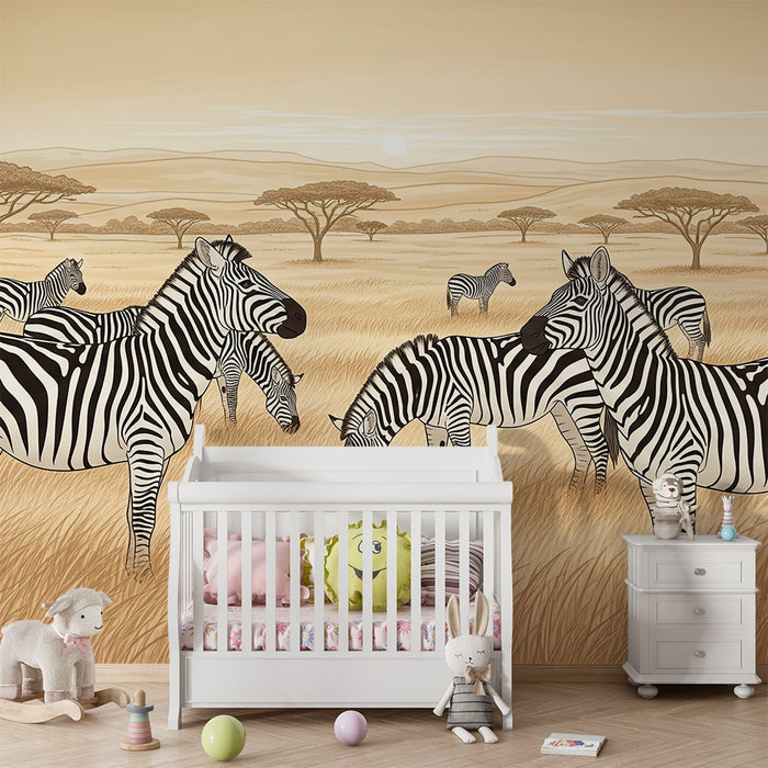 Tapet pentru camera copilului | Zebre în savană la apusul soarelui