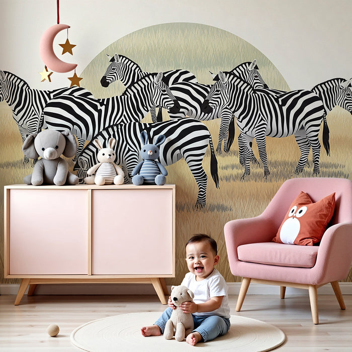 Tapet pentru camera copilului | Zebre în savana aurie