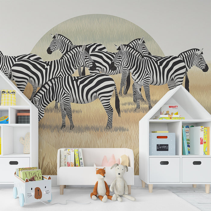 Tapet pentru camera copilului | Zebre în savana aurie