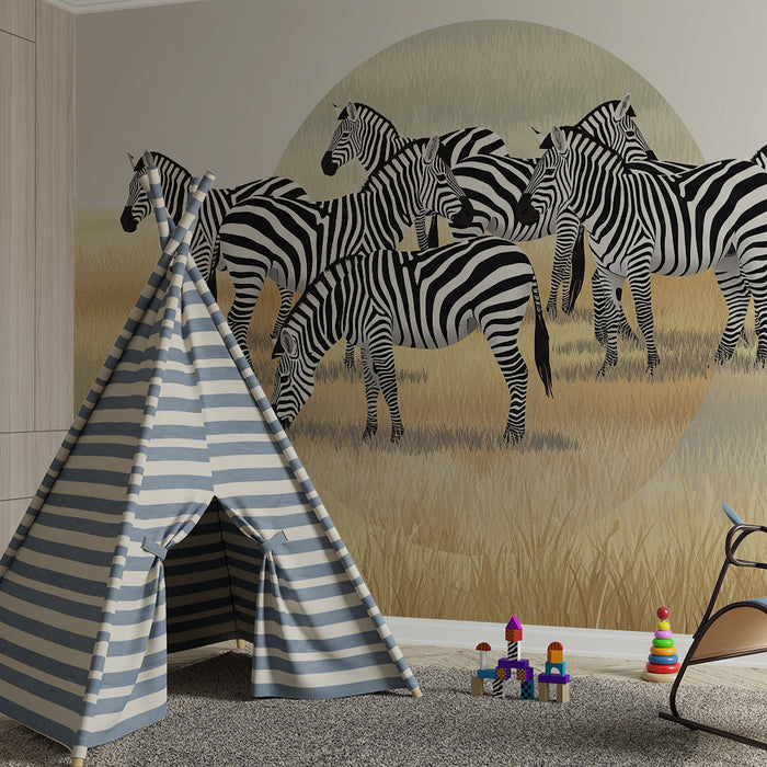 Tapet pentru camera copilului | Zebre în savana aurie
