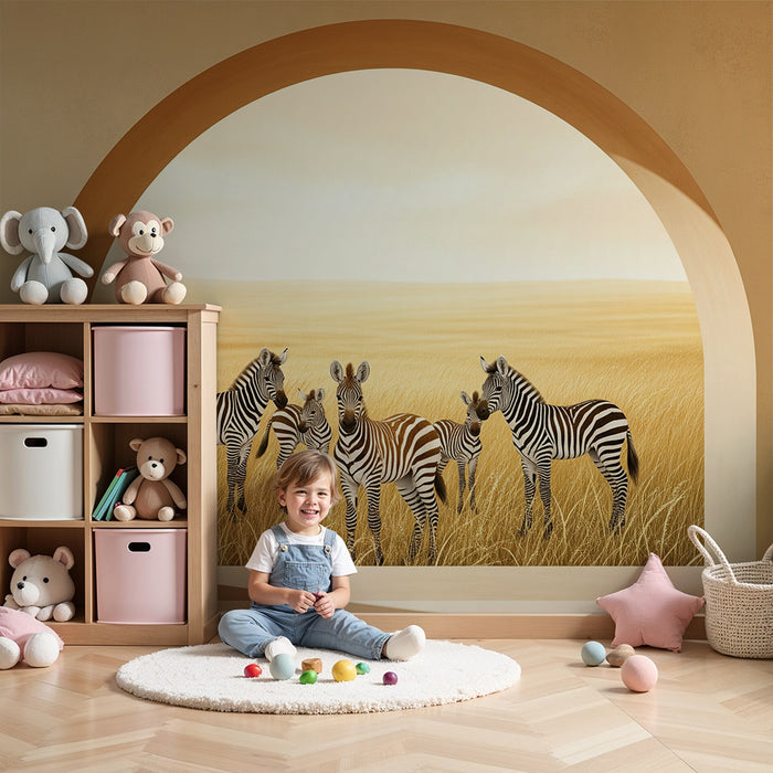 **Barneveggtapet | Sebraer i et gyllent felt under en rolig himmel**