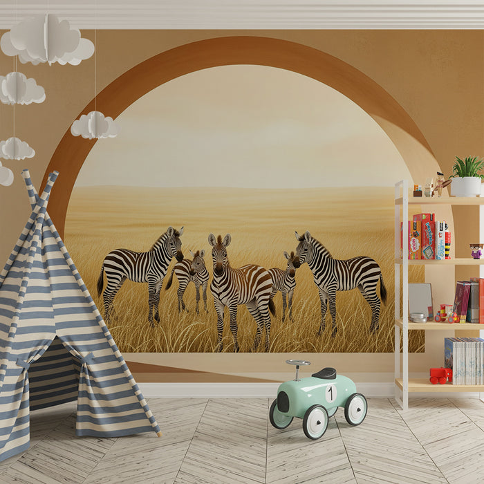 **Barneveggtapet | Sebraer i et gyllent felt under en rolig himmel**