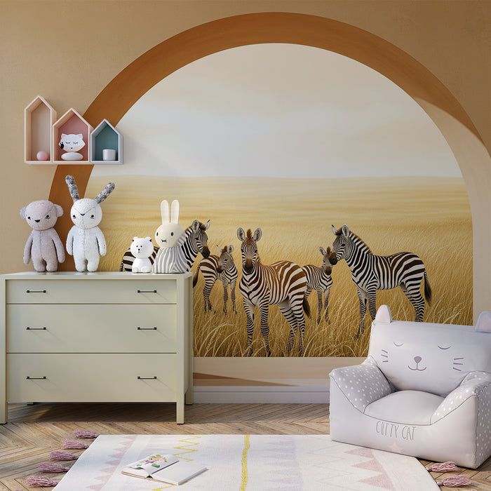 **Barneveggtapet | Sebraer i et gyllent felt under en rolig himmel**