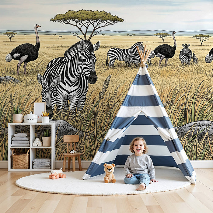 Tapet pentru camera copiilor | Zebre și struți în savana aurie