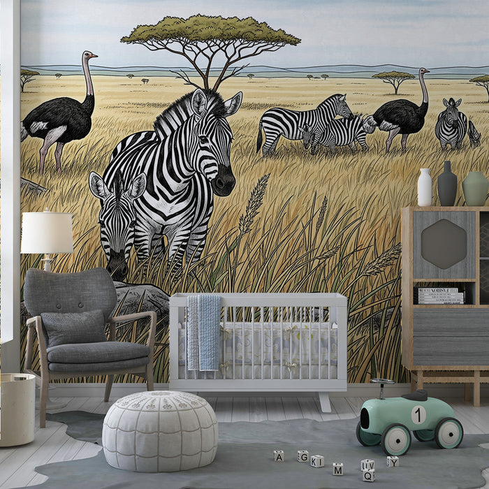 Tapet pentru camera copiilor | Zebre și struți în savana aurie