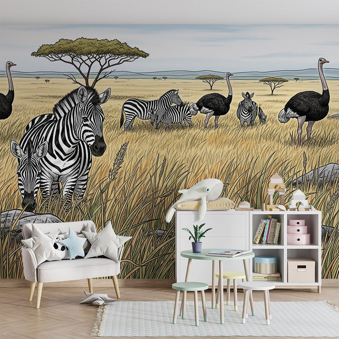 Tapet pentru camera copiilor | Zebre și struți în savana aurie