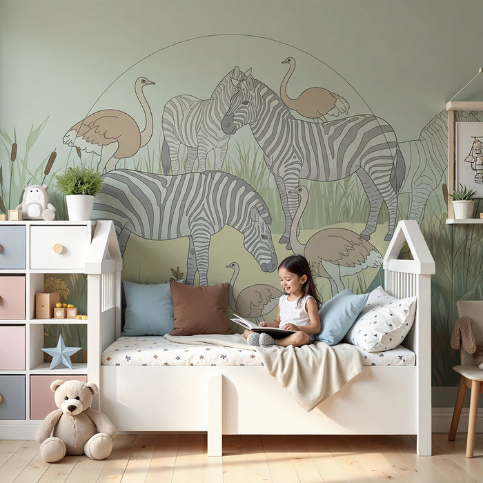 Papel de parede criança | Zebre și păsări într-o pajiște verde