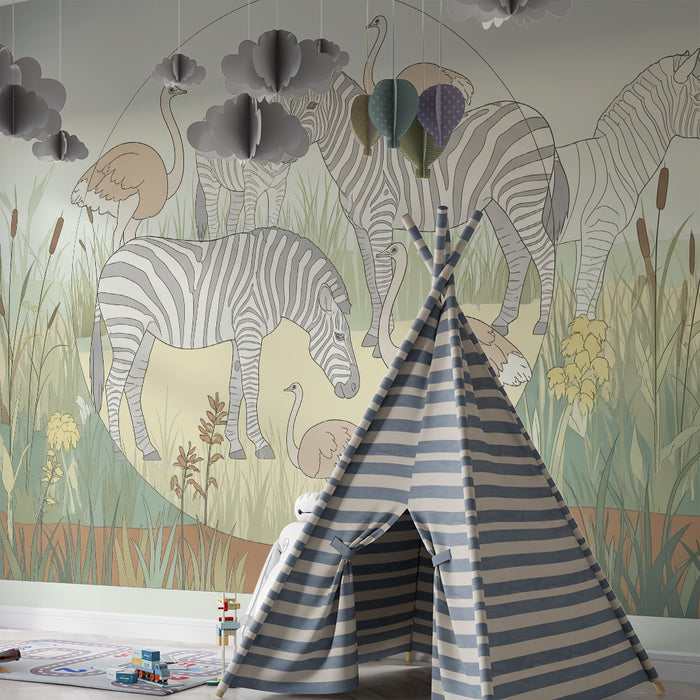 Papel de parede criança | Zebre și păsări într-o pajiște verde