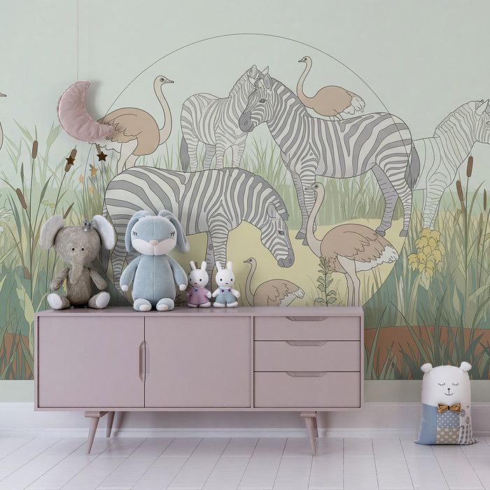 Papel de parede criança | Zebre și păsări într-o pajiște verde