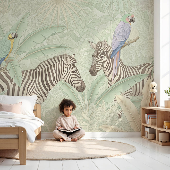 Tapet pentru camera copilului | Zebre și papagali într-o junglă tropicală