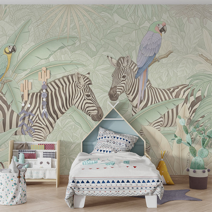 Tapet pentru camera copilului | Zebre și papagali într-o junglă tropicală