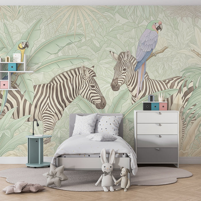 Tapet pentru camera copilului | Zebre și papagali într-o junglă tropicală