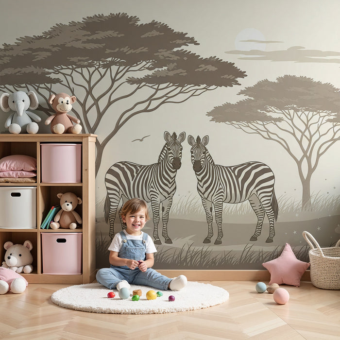 Papier peint chambre enfant | Zèbres majestueux dans un paysage africain apaisant
