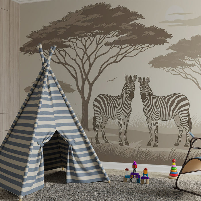 Papier peint chambre enfant | Zèbres majestueux dans un paysage africain apaisant