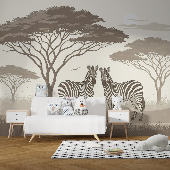 Papier peint chambre enfant | Zèbres majestueux dans un paysage africain apaisant