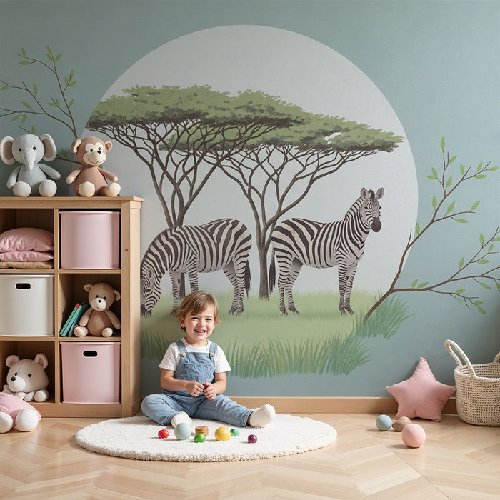 Tapet pentru camera copiilor | Zebre liniștite sub un copac în savană