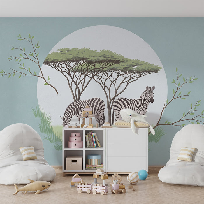Tapet pentru camera copiilor | Zebre liniștite sub un copac în savană