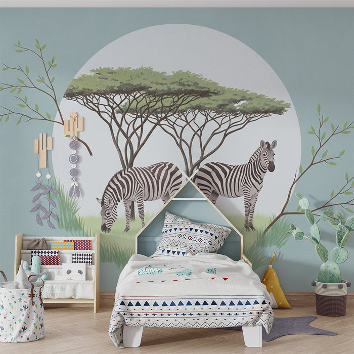 Tapet pentru camera copiilor | Zebre liniștite sub un copac în savană