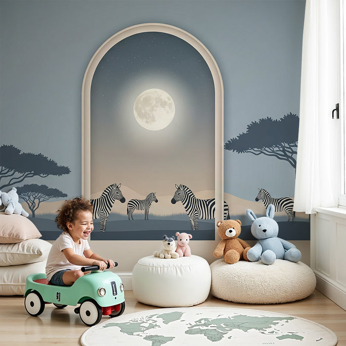 Papel de parede para quarto infantil | Zebras ao luar numa paisagem africana